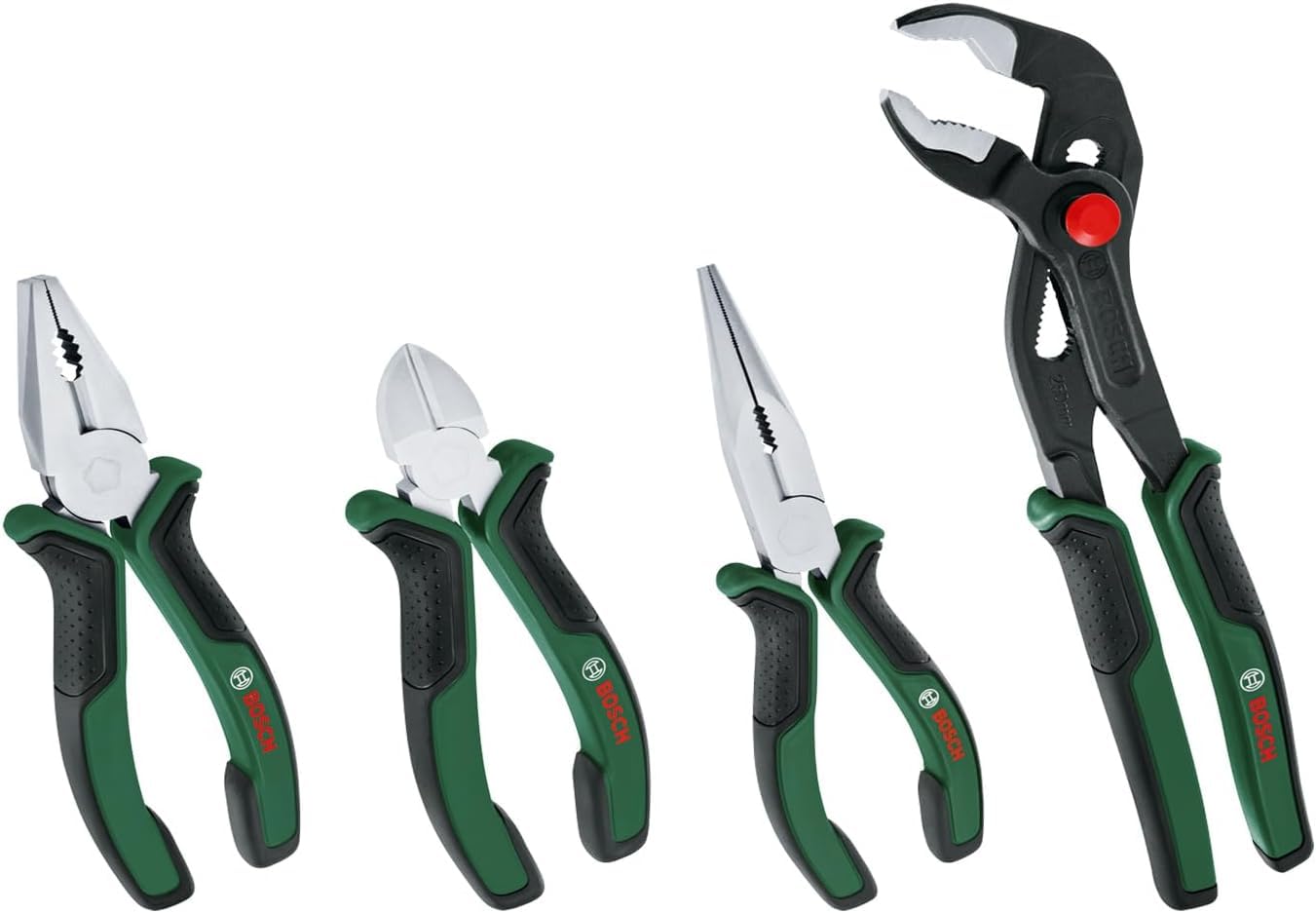 Bosch Pliers Set 4-Piece (4X Precise, Long-Lasting Diagonal Side Cutter, Combination and Long-Nose and Water Pump Pliers for Robust Multitasking; Ergonomic Softgrip; Nickel-Plated Surface)