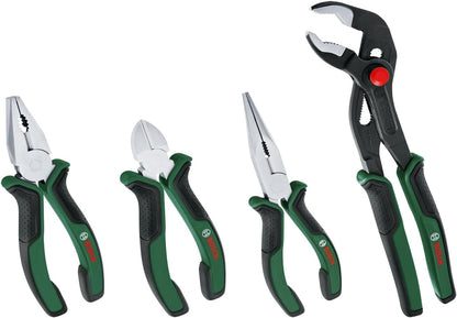 Bosch Pliers Set 4-Piece (4X Precise, Long-Lasting Diagonal Side Cutter, Combination and Long-Nose and Water Pump Pliers for Robust Multitasking; Ergonomic Softgrip; Nickel-Plated Surface)