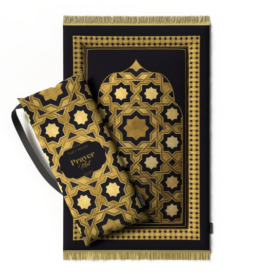 Padded Prayer Rug Mat in soft velvet, Gold and Black, 68x117 cm, a luxurious and thick cushioned rug, providing exceptional comfort for knees and forehead during daily devotion