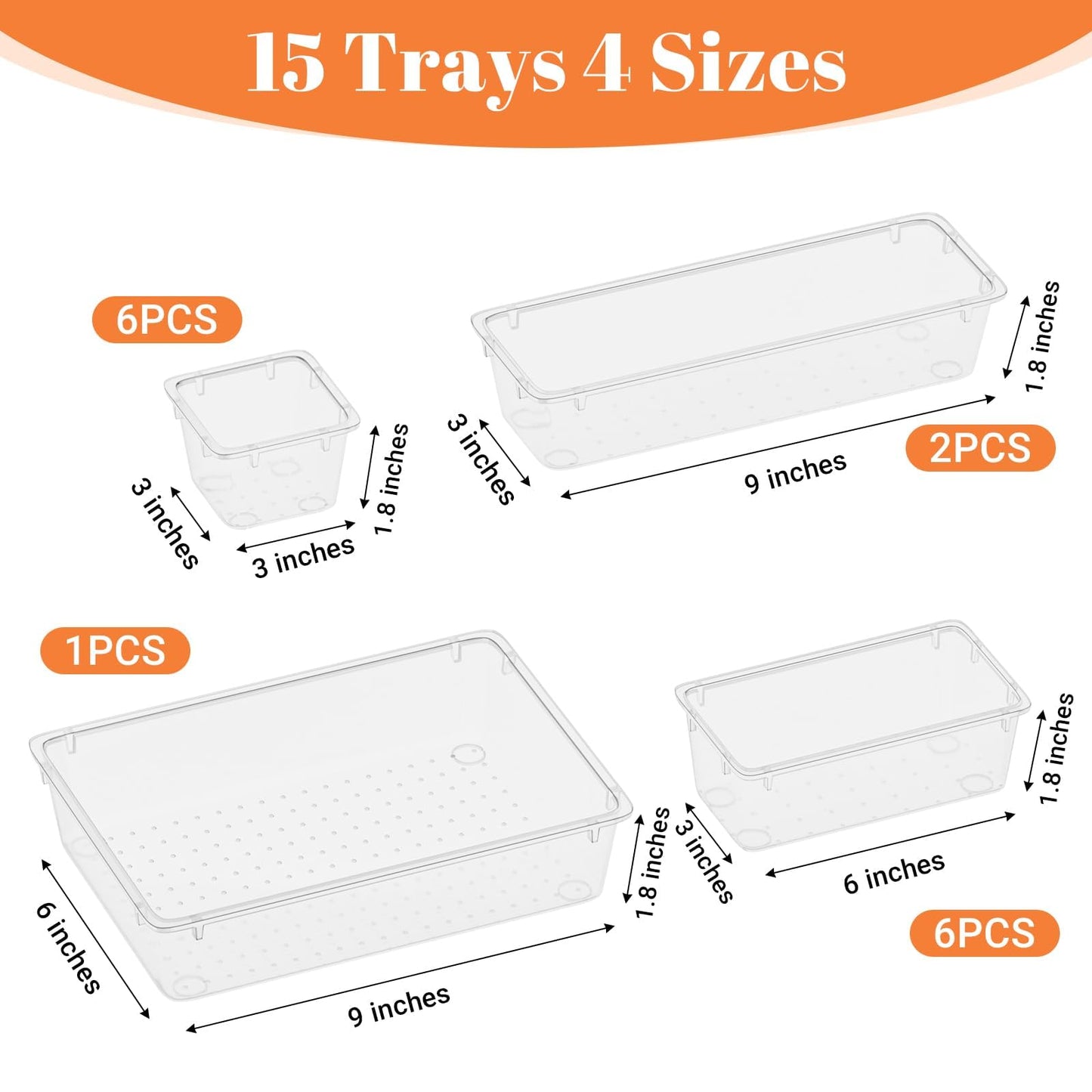 SpaceHacks 15 PCS Clear Plastic Drawer Organizer Set, 4-Size Acrylic Drawer Storage Trays, Storage Bins for Makeup, Gadgets, and Jewelry in Bathroom, Bedroom and Office, Clear