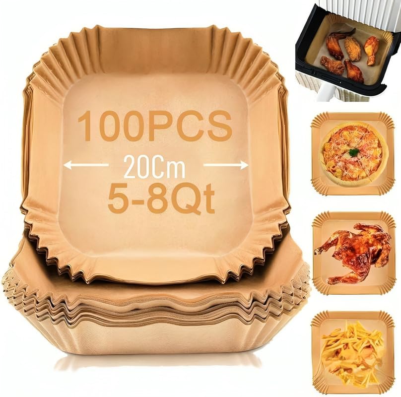 100 PCS Air Fryer Disposable Paper Liners, Non-Stick, Oil-Proof, Heat-Resistant, Food Grade Parchment for Frying, Baking, Easy Cleanup, Compatible with 5-8 Qt Air Fryers, Square Design, 20 cm