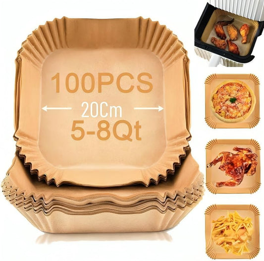 100 PCS Air Fryer Disposable Paper Liners, Non-Stick, Oil-Proof, Heat-Resistant, Food Grade Parchment for Frying, Baking, Easy Cleanup, Compatible with 5-8 Qt Air Fryers, Square Design, 20 cm