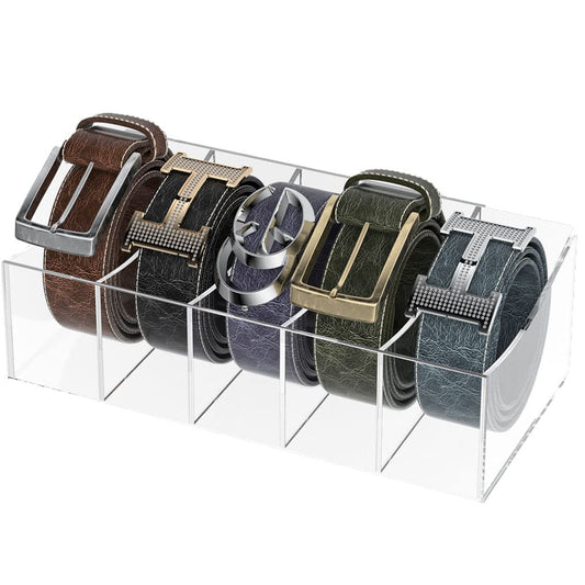 Acrylic Belt Storage Holder, 5-Compartment Clear Display Organizer for Closet or Drawer, Belt Tie and Bow Tie Container for Men’s Accessories and Daily Use, Transparent Case, Clear