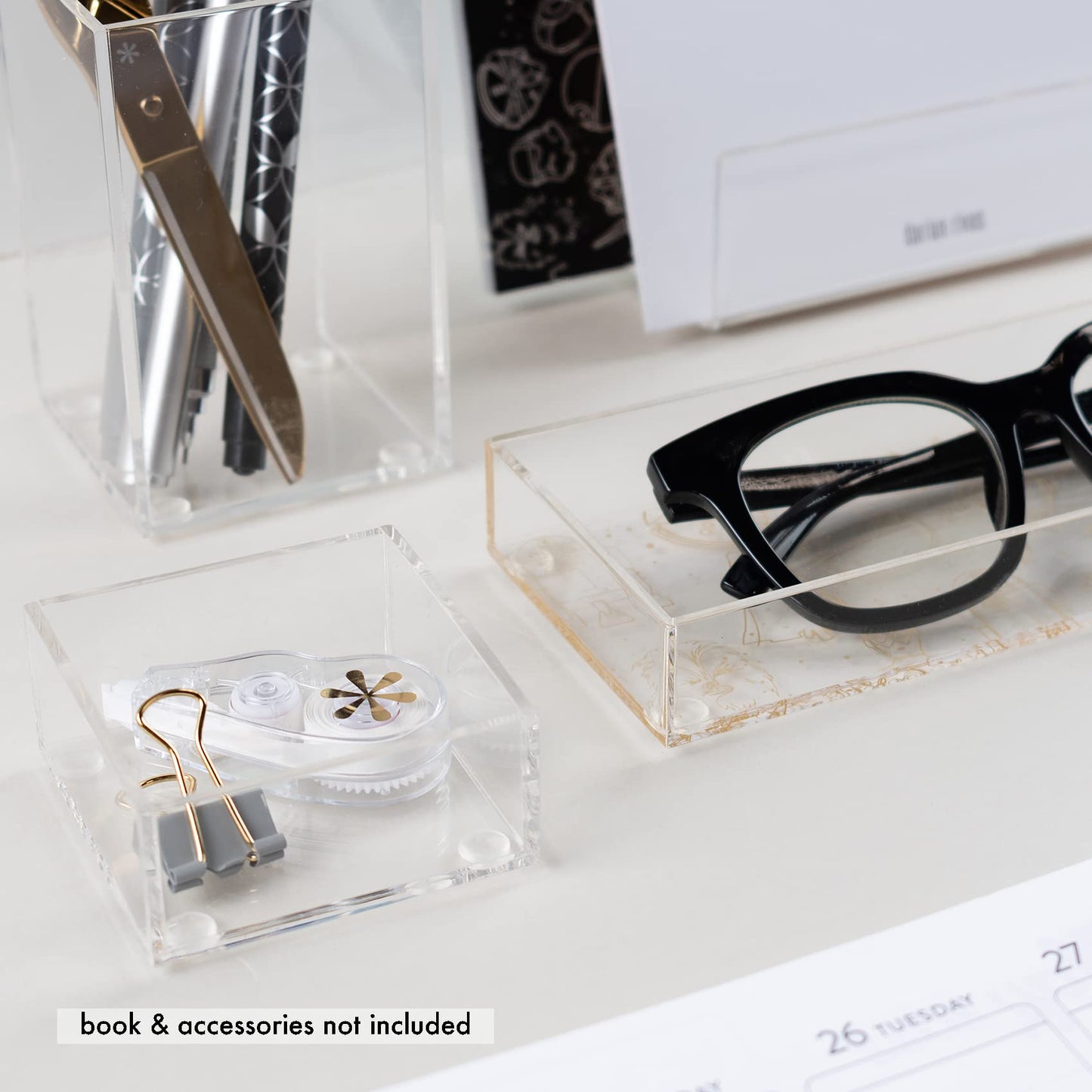 Nesting Acrylic Desk Organizer Set (4 Pieces) with Metallic Gold Accents, Includes Pen Cup, Letter Sorter, and Accessory Trays, Elegant and Modern Organizer for Desk or Vanity
