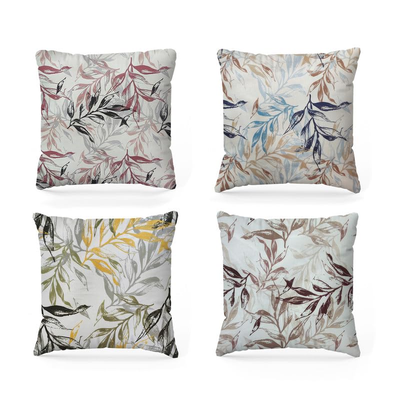 INtex CURTAINS HOUSE Printed Linen Velvet Cushion Covers, Throw Pillow Covers, Leaves Pattern Decorative Pillow Covers, Set of 4 Pieces Multicolor 30W x 30L CM