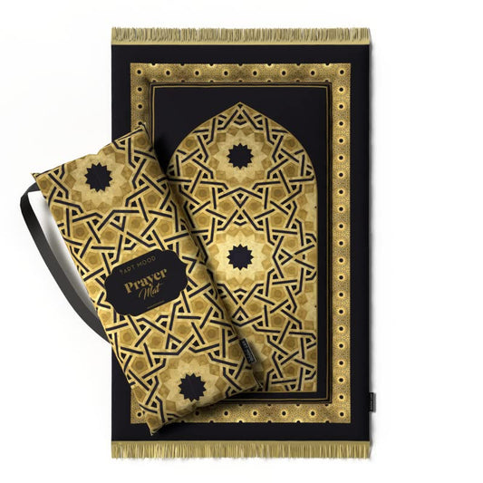 Stylish Velvet Padded Prayer Rug in Gold and Black, 68x117 cm, a soft and comfortable mat with a modern design and plush padding, offering a perfect blend of style and comfort for prayer