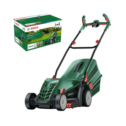 Bosch UniversalRotak 34-405 wired lawn mower (1300 W motor, 34 cm cutting width, 40 litre collection tray, for even mowing lawns leaving clean borders)