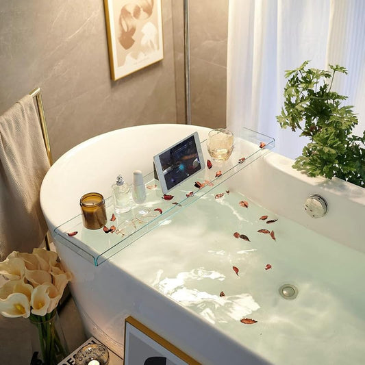Bathtub Tray Caddy, Luxury Acrylic Bath Tub Shelf and Organizer, Clear Rack with Tablet Holder, Ideal for Holding Books, Candles, Toiletries and Spa Essentials, Clear