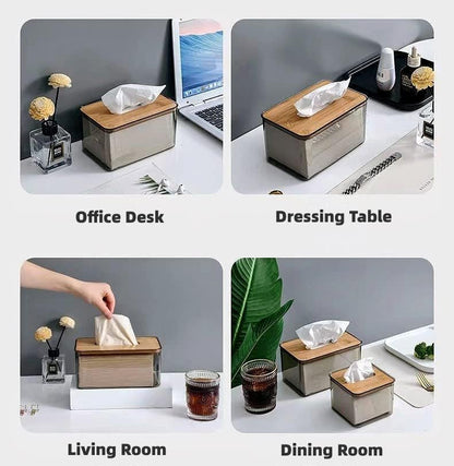 YIFFSH Tissue Box Cover Holder, Minimalist Transparent Tissue Dispenser Box with Bamboo Lid, Rectangle Dryer Sheet Dispenser Holder, Facial Tissue Holder for Bathroom Living Room Bedroom (Medium)