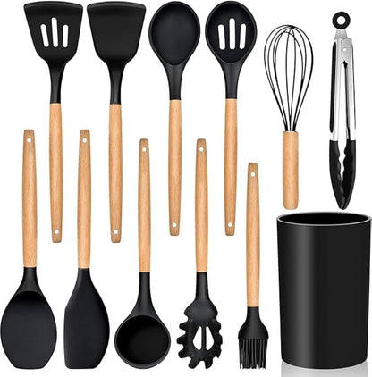 Silicone Non Scratch Cookware Utensils Kit Designed With Heat Resistant Wooden Handles And Include Plastic Stand Elegant Design Practical For Kitchen Set Of 11 Pieces - Black