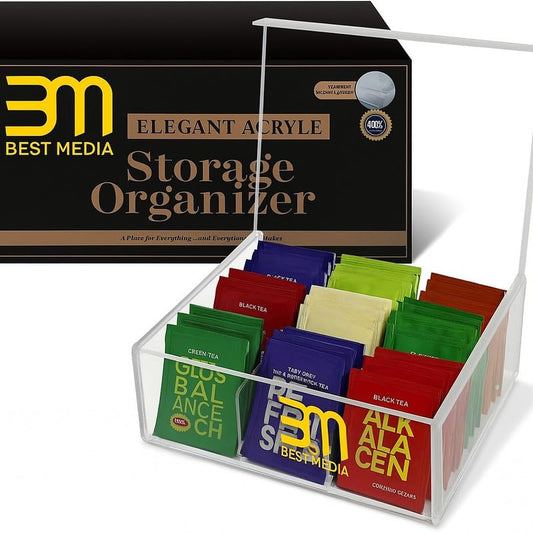 1-Piece Acrylic Tea Bag Organizer Box with Lid, 9 Compartments, Clear Storage for Packets, Condiments, Crafts, and Kitchen Counter Organization