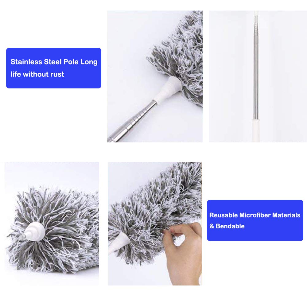 Lomida Feather Duster With Extendable Telescopic Pole - Extra Long 100 Inches, Microfiber With Washable Bendable Head for Cleaning High Ceiling Fans, Blinds, Cobweb, Cars