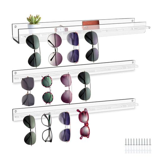 3 Pack Wall Mount Sunglasses Organizer, Clear Acrylic Hanging Eyeglass Holder and Display Rack, Modern Storage Shelf for Eyewear, Jewelry, and Entryway Keys