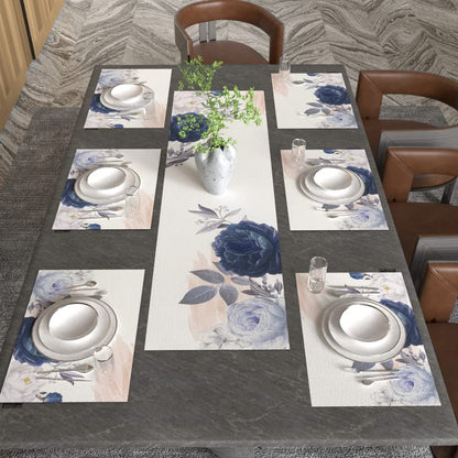 Bloom 7-Piece Dining Set, includes 6 Durable Canvas Placemats (45x30 cm) and 1 Table Runner (35x140 cm), Blue & White, with a Floral Design to Protect and Beautify your Table