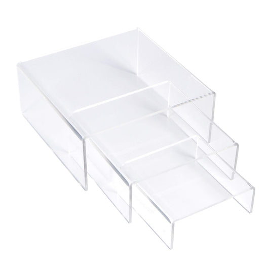 3-Piece Acrylic Display Risers, Medium Clear Tiered Stand Set for Showcasing Cupcakes, Desserts, Jewelry, Figurines, Photos or Candy in Home or Retail Settings, Durable Low Profile, Clear