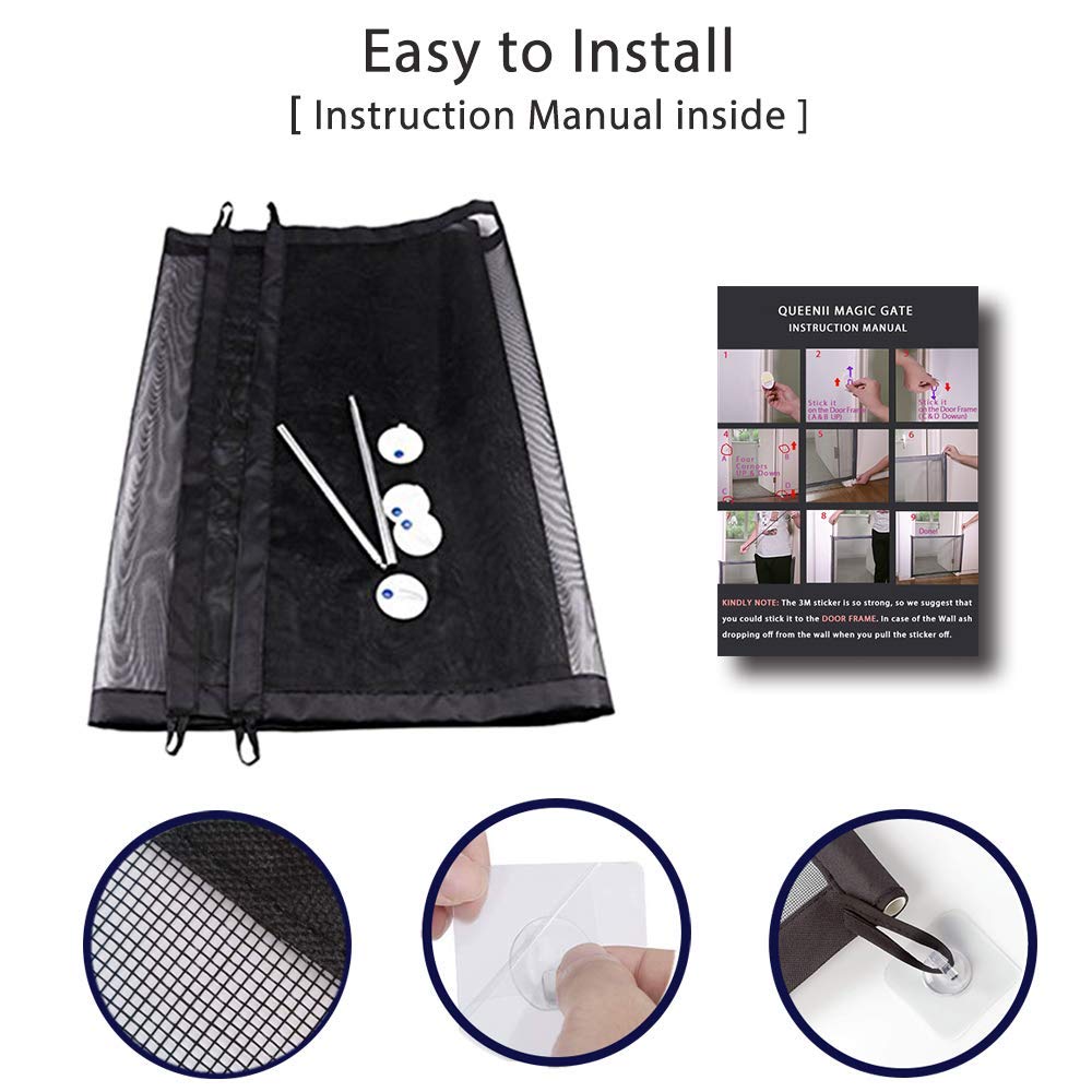 Baby Gate Magic Gate for Dogs,Queenii Pet Safety Guard Mesh Dog Gate,Portable Folding Children's Safety Gates Easy to Install Anywhere [2022-Series] Safety Fence for Hall Doorway Wide 40.97"-Black