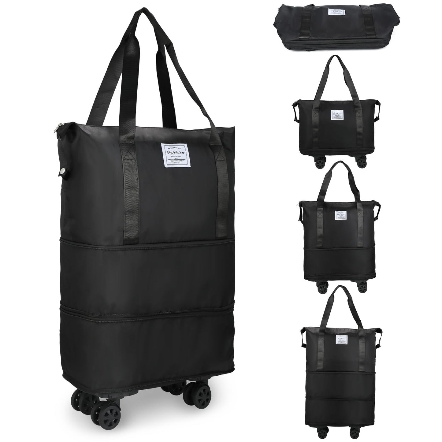 HI-FINE Expandable Foldable Duffle Bag With Wheels for Travel, Rolling Luggage Carry-On, Large Weekend Bag (Black)