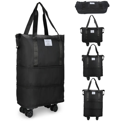 HI-FINE Expandable Foldable Duffle Bag With Wheels for Travel, Rolling Luggage Carry-On, Large Weekend Bag (Black)