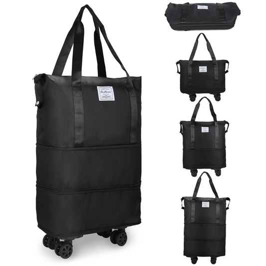 HI-FINE Expandable Foldable Duffle Bag With Wheels for Travel, Rolling Luggage Carry-On, Large Weekend Bag (Black)