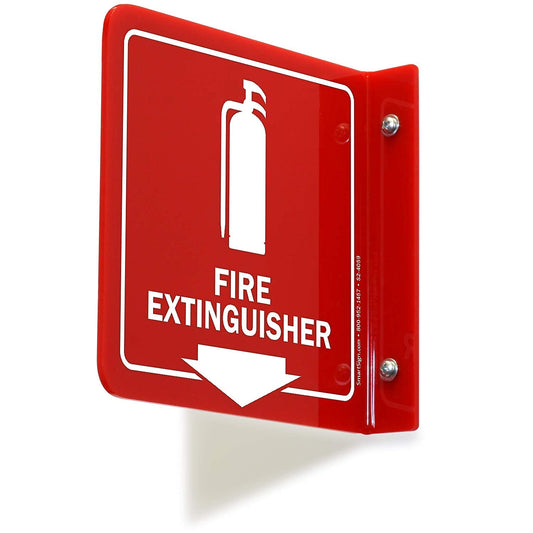 Projecting Fire Extinguisher Sign, 15 x 15 cm Polished Acrylic Wall Sign with Down Arrow, Double-Sided Safety Display for Emergency Visibility in Buildings, Offices or Warehouses - Red