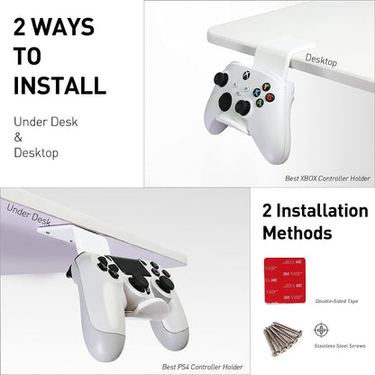 Universal Gamepad Controller Stand for Desk, Tabletop Gaming Accessories Holder for XBOX, PS5, PS4, and PC Controllers with Cable Clips, Under-Desk Mount Option (White)