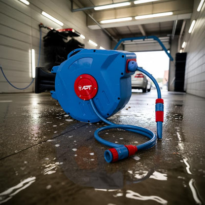 APT Wall Mounted Garden Hose Reel, Retractable Auto Rewind Pipe, 15m, 180 Swivel, Compact Blue Design, Durable PVC Hose, Outdoor Patio Watering Equipment, Lawn Plants Cleaning, Easy Storage