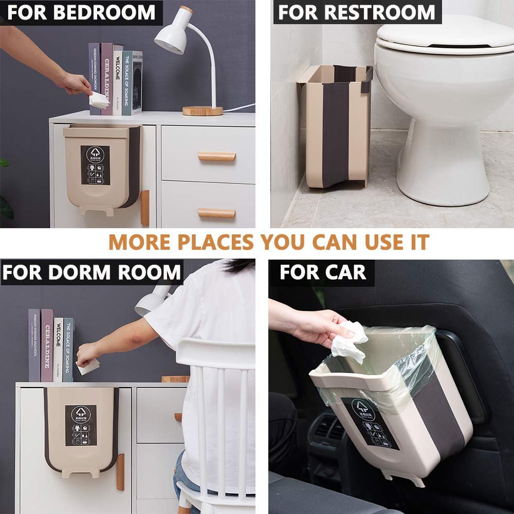 Hanging Trash Can for Kitchen Cabinet Door - 9L Waste Container, Plastic Bin for Cabinet Door, Kitchen Drawer, Bedroom, Room, Car, Home, Office