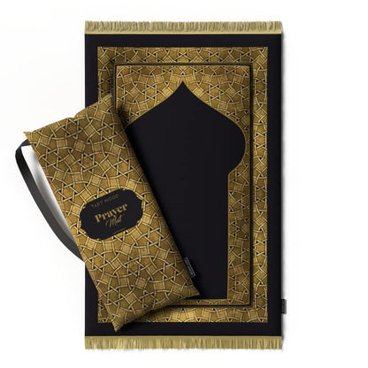 Luxurious Velvet Padded Prayer Rug in Gold and Black, 68x117 cm, a premium soft mat with extra cushioning for superior comfort, making daily prayers a more comfortable experience