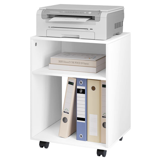 Printer Stand with Wheels in White, Mobile Office Cabinet with 2 Compartments, Engineered Wood Under-Desk Stand with Brakes, 40x35x55cm, Versatile Storage Trolley