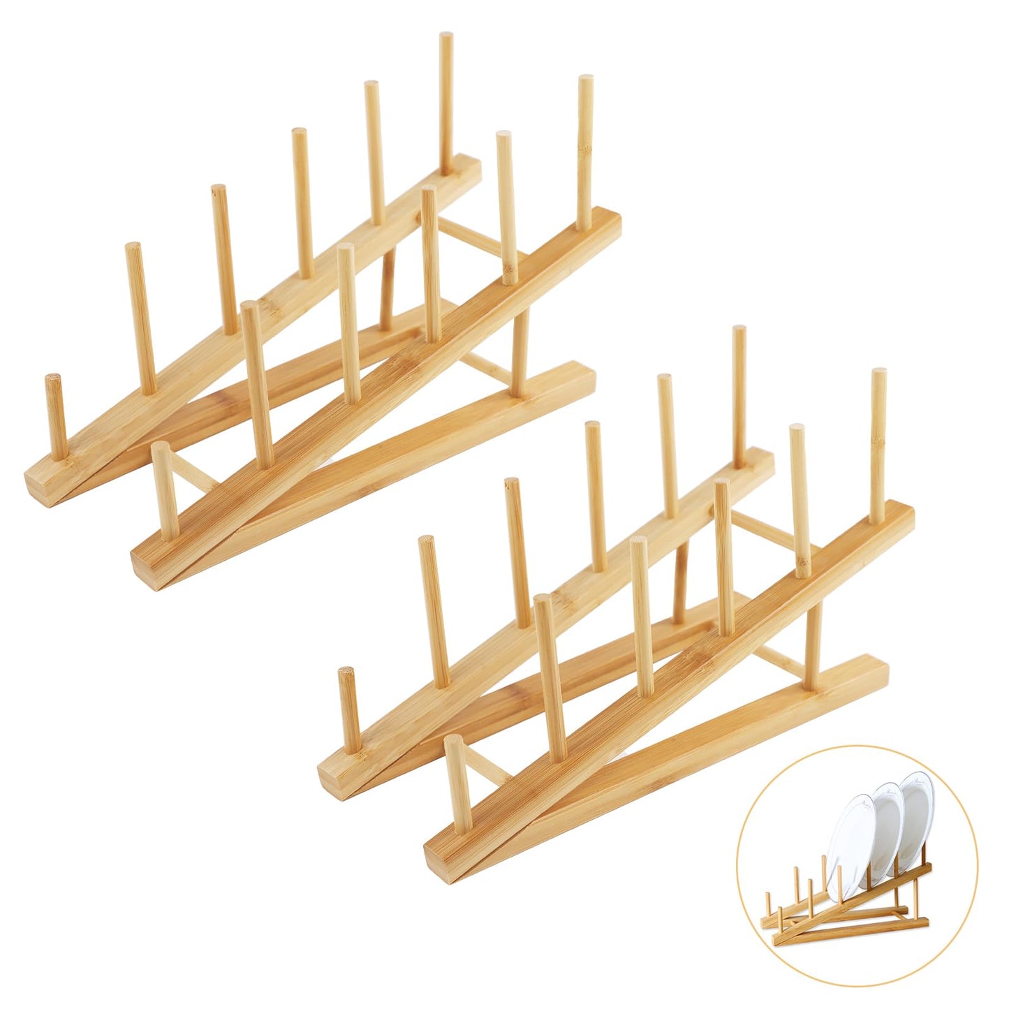 WATUNID Pack of 2 Wooden Plate Stands, 5 Slots Bamboo Plate Holder, Kitchen Wood Draining Board Plate Stand, Dish Drainer Kitchen Cabinet Organiser for Storage, CD Tableware, Book, Wine Glass