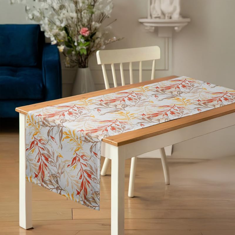 INtex Home Table Runner, 45 x 140 cm Linen Velvet Fabric with Modern Leaves Design, Elegant Rectangular Cover for Dining Kitchen or Living Room Tables, for Daily Use and Special Occasions - 2 Pcs