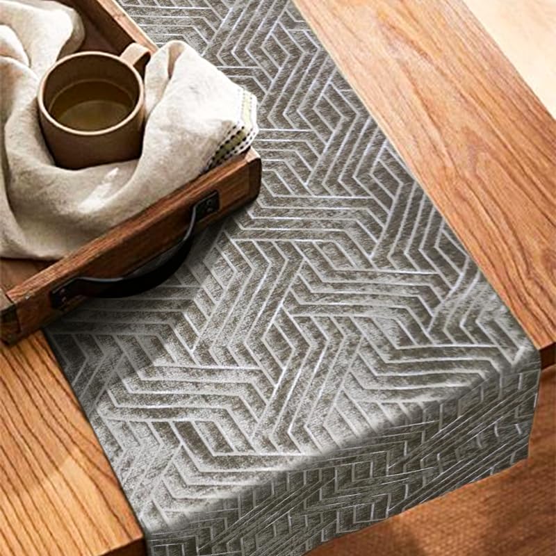 INtex Home Table Runner, Nadia’s Geometric Design in Heavy Duty Velvet Linen Fabric, Elegant Rectangular Accent for Reception Living Room or Special Occasions - 1 Pc- 40 x 130 cm - Café