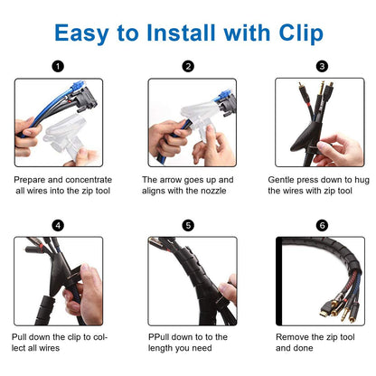 Cable Management Sleeve,2M Cable Bundler Manager with Cord Organizer Clip, DIY Flexible Coiled Tube -Diameter 22m/0.87 inch -Spread Width 2.75inch- Black