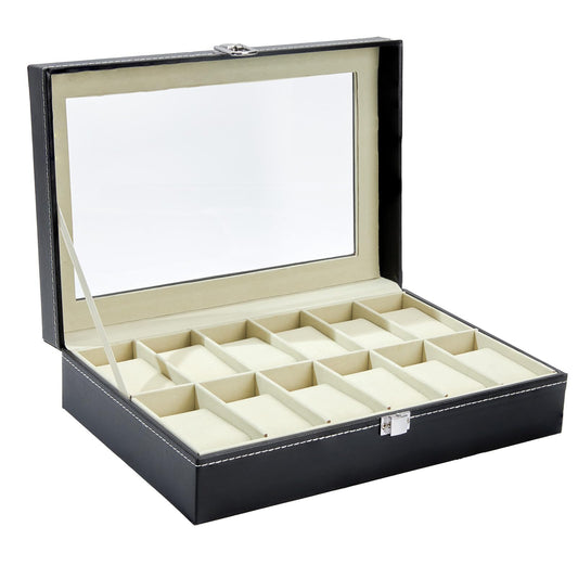 Watch Organizer Case for Men, 12 Slot Watch Box with Real Glass Lid, PU Leather Display Storage, Soft Velvet Interior, Jewelry Holder