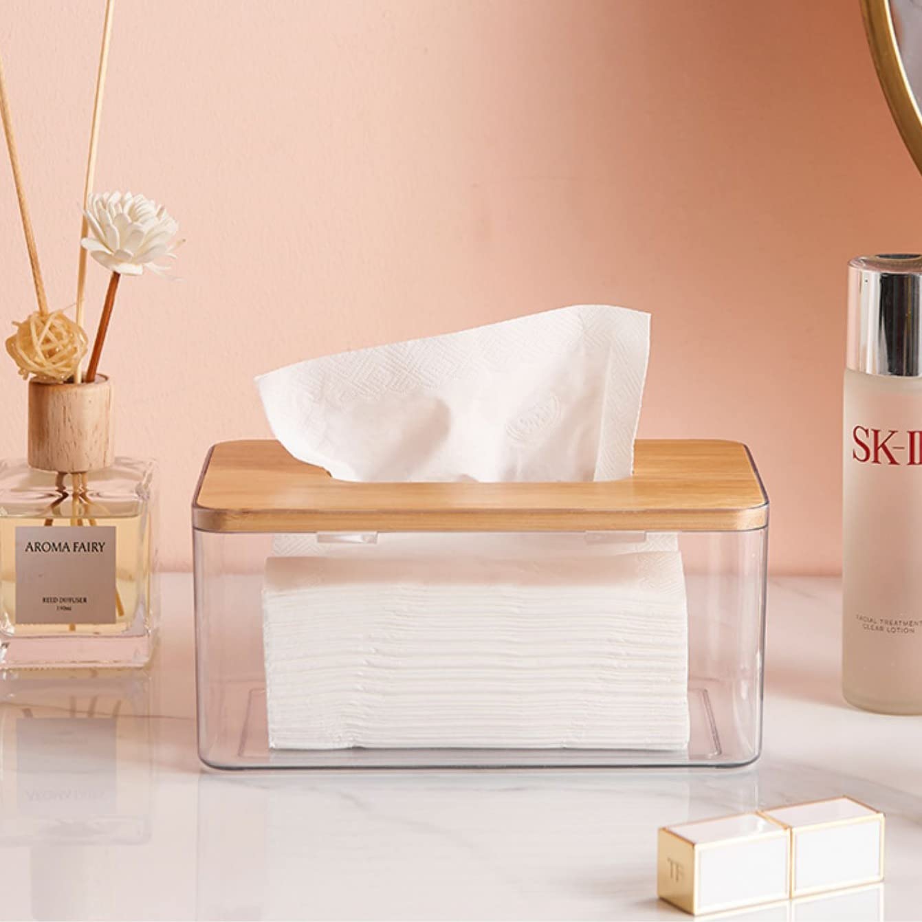 YESTOO Clear Tissue Holder, Acrylic Dryer Sheet Dispenser Box with Bamboo Lid, Transparent Container, Minimalist Design. Tissue Organizer for Laundry, Living Room, Bathroom, Bedroom, Medium Size