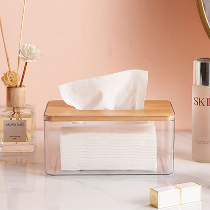 YESTOO Clear Tissue Holder, Acrylic Dryer Sheet Dispenser Box with Bamboo Lid, Transparent Container, Minimalist Design. Tissue Organizer for Laundry, Living Room, Bathroom, Bedroom, Medium Size