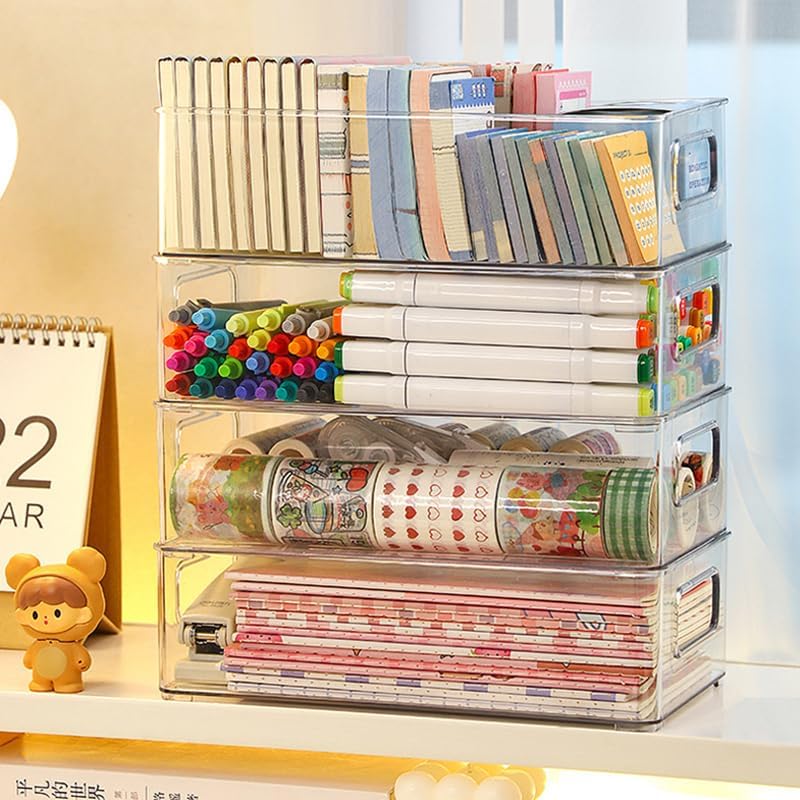 HouseWarming 4pack Stackable Multipurpose Acrylic Storage Box with Lid, Fridge Organiser for Kitchen, Pantry, Countertops, 26 cm