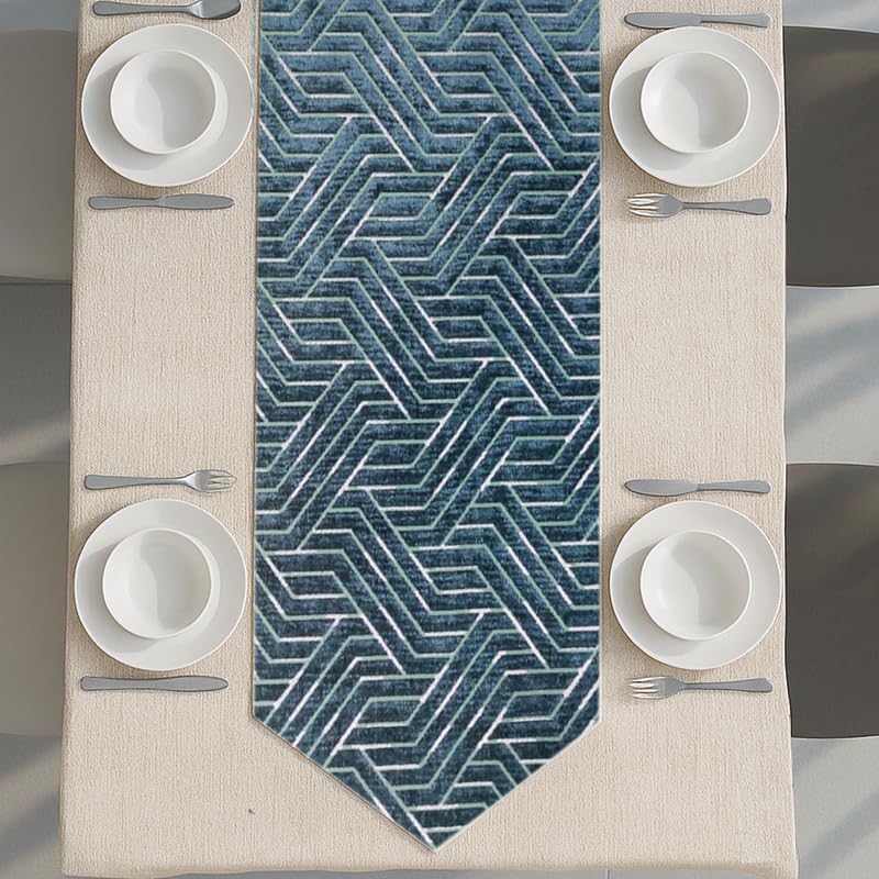 INtex Home Table Runner with V-Shaped End, Nadia’s Geometric Design in Heavy Duty Velvet Linen Fabric, Reception Living Room or Special Occasions, 1 Pc - 45 x 160 cm - Café