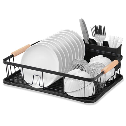 DPWEION Dish Drainer Rack for Kitchen-Metal Dishes Drying Rack with Drip Tray/Cutlery Holder/Wooden Handles-Draining Board Racks(43x31x12cm,Black)
