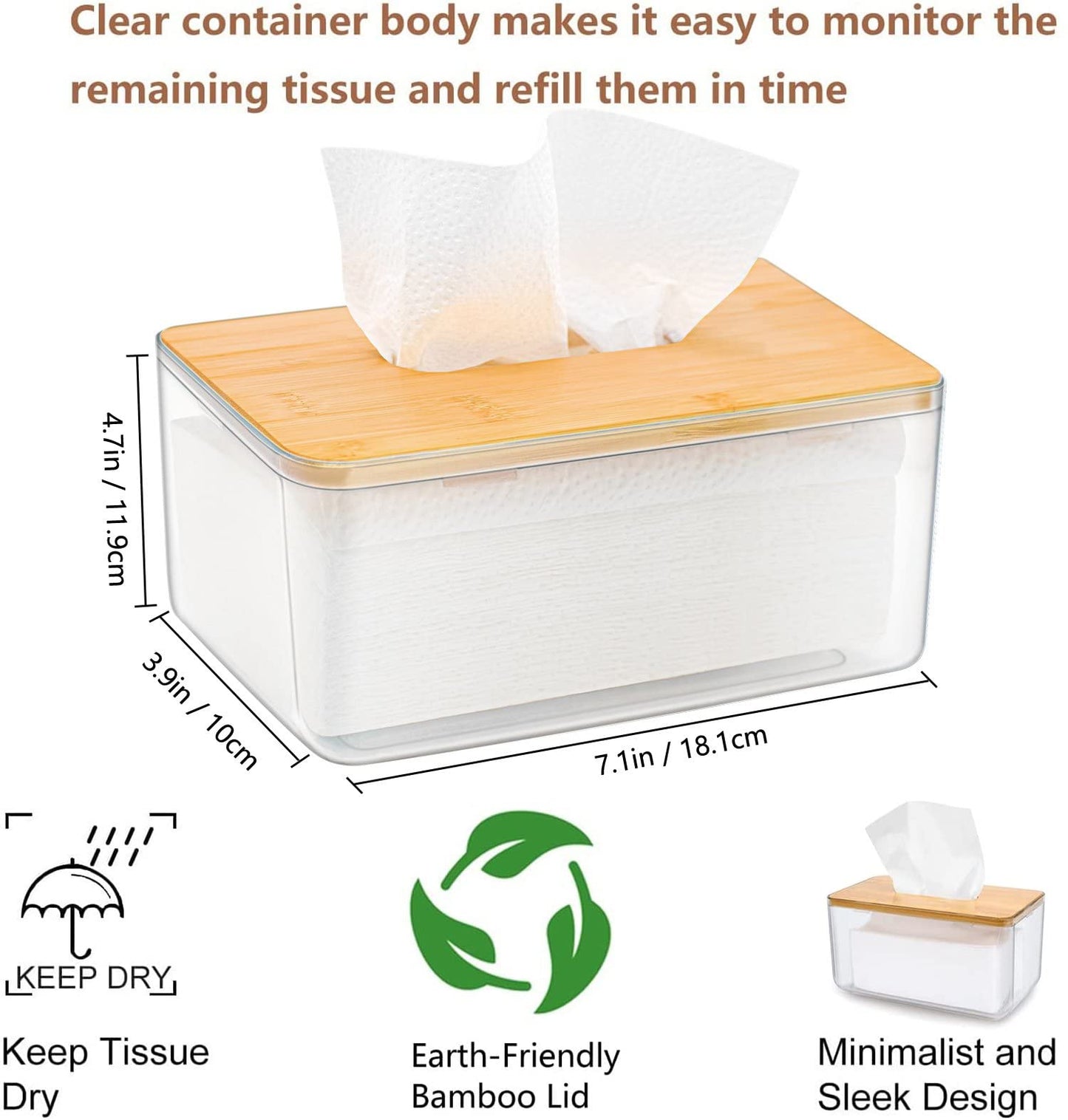 YESTOO Clear Tissue Holder, Acrylic Dryer Sheet Dispenser Box with Bamboo Lid, Transparent Container, Minimalist Design. Tissue Organizer for Laundry, Living Room, Bathroom, Bedroom, Medium Size