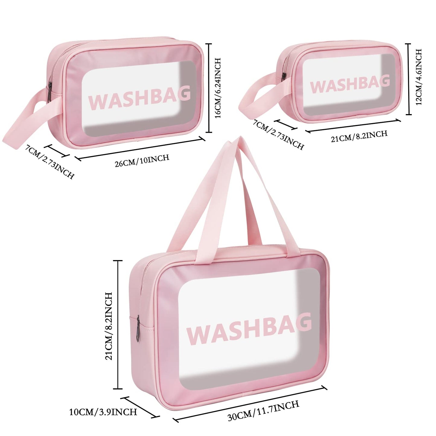 Unaone 3 Pieces Toiletry Bag for Women and Men, Matte Translucent Makeup Cosmetic Bag with Handy Handle, Water - Resistant Travel Organizer for Accessories (Pink)