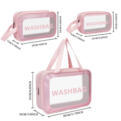 Unaone 3 Pieces Toiletry Bag for Women and Men, Matte Translucent Makeup Cosmetic Bag with Handy Handle, Water - Resistant Travel Organizer for Accessories (Pink)