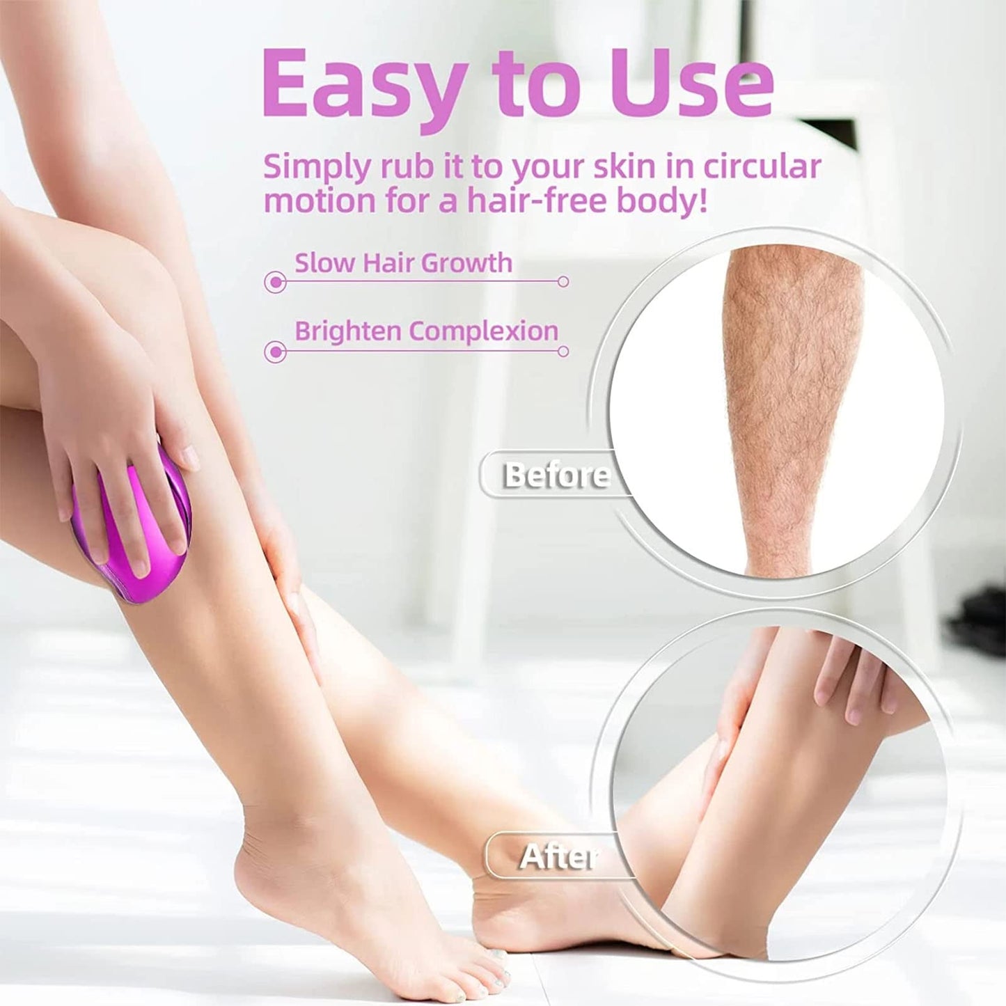 Crystal Hair Eraser, Bleame Crystal Hair Eraser, Painless Exfoliating Magic Crystal Hair Remover, Quick and Easy Hair Removal Tool for Men and Women Arms, Legs, Backs (Purple)