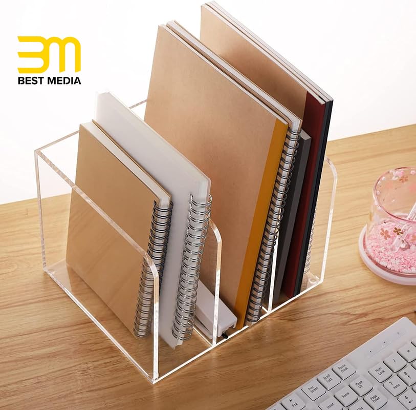 3-Section Clear Acrylic Magazine Holder and Desk File Organizer, Vertical Office Organization and Storage Accessory for Files and Documents, Single Pack Transparent Sorter
