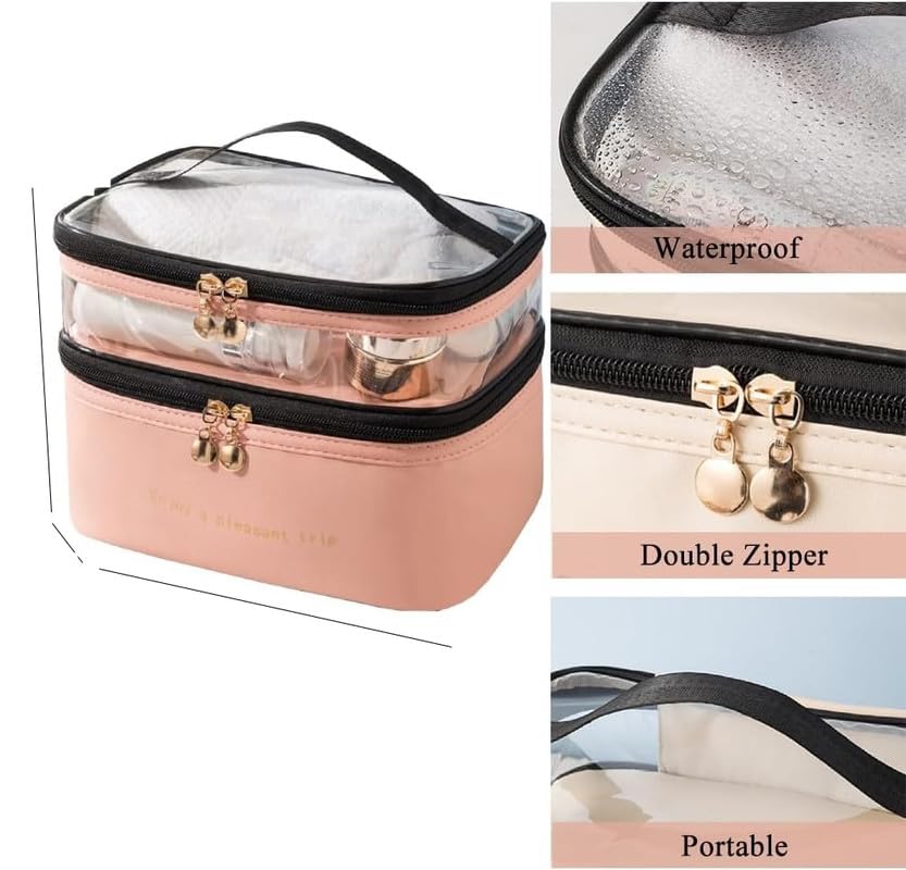 Cosmetic Bag, Double-Level Waterproof Travel Makeup Organizer with Adjustable Dividers, Large Portable Toiletry Case for Women, Multi-Functional Makeup Storage Bag for Home, Vacation, School - Pink