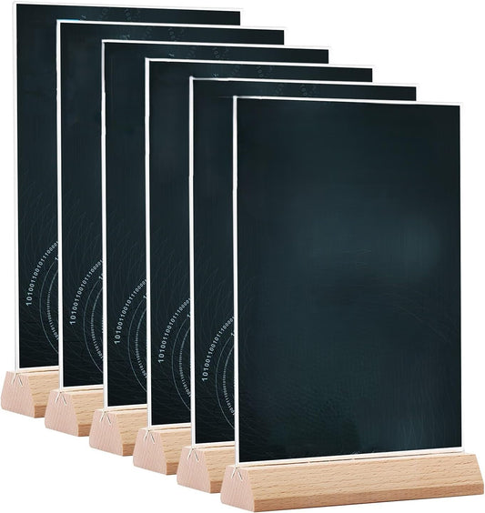 A5 Menu Card Holder, 6-Pack Clear Acrylic T-Stand with Wooden Base, Double-Sided Display Stand for Menus, Flyers, Documents and Signage, For Restaurants, Cafés, and Office Desks, Clear