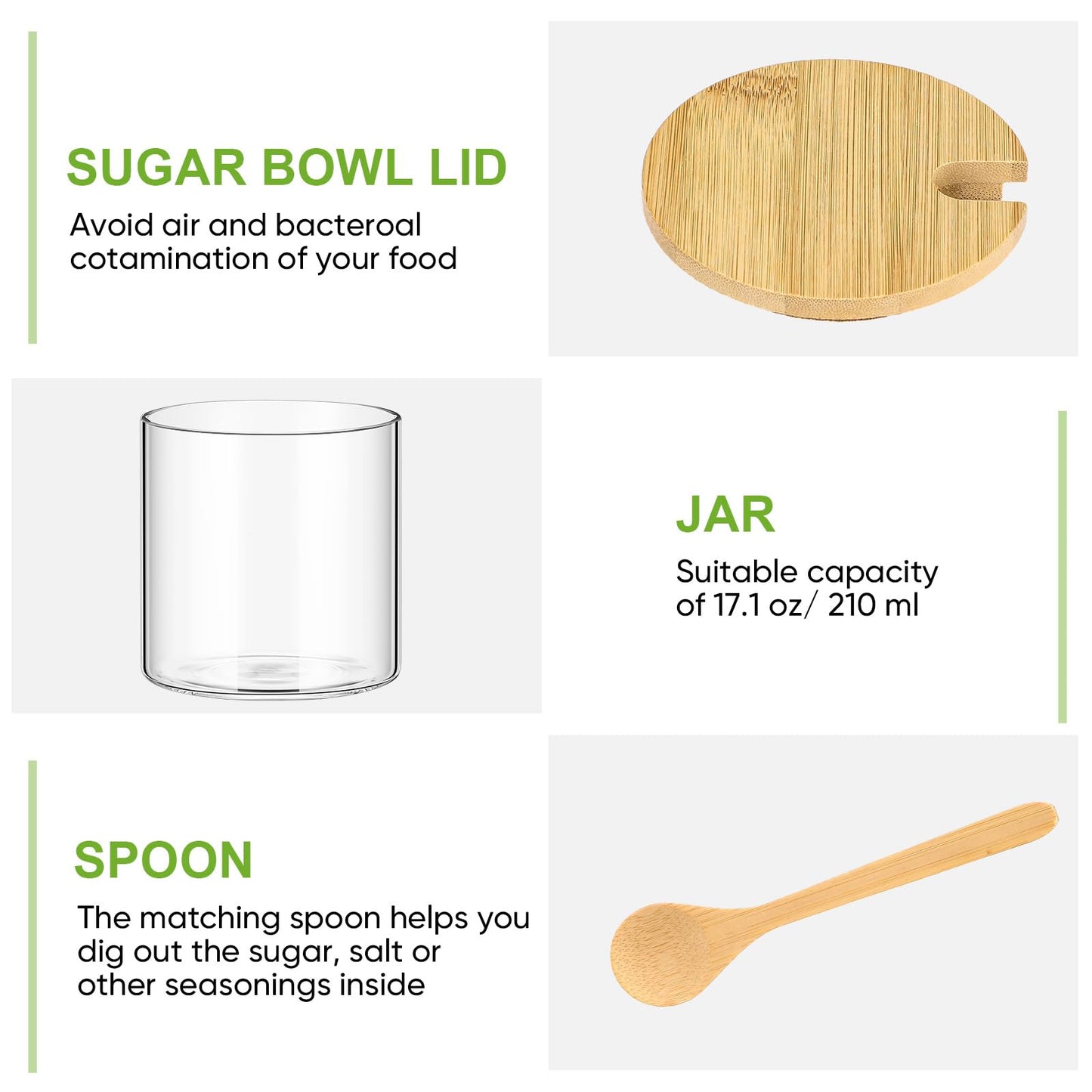 Baderke 3 Pcs Condiment Jars, 300 ml / 10 oz Glass Container Box with Bamboo Spoon Lid and Base Clear Seasoning Box Adorable Condiment Pots Spice Containers for Sugar Pepper Cruet