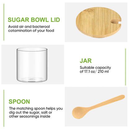 Baderke 3 Pcs Condiment Jars, 300 ml / 10 oz Glass Container Box with Bamboo Spoon Lid and Base Clear Seasoning Box Adorable Condiment Pots Spice Containers for Sugar Pepper Cruet