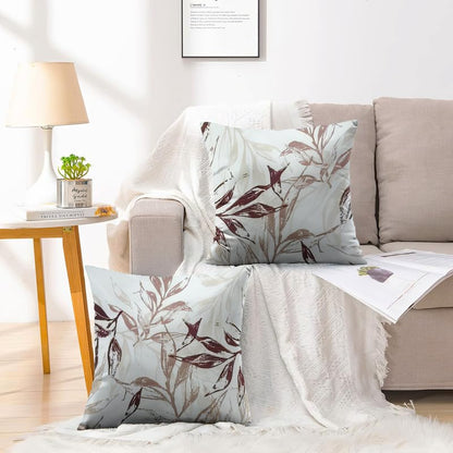 INtex CURTAINS HOUSE Printed Linen Velvet Cushion Covers, Throw Pillow Covers, Leaves Pattern Decorative Pillow Covers, Set of 2 Pieces Cafe x Brown 30W x 30L CM