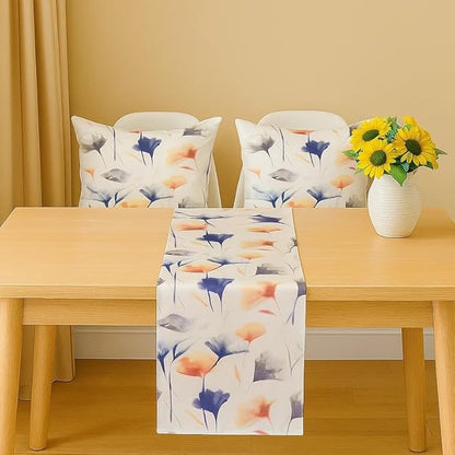 Table Runner and Cushion Covers Set, Sou Floral Pattern, Premium Linen Velvet, 1 Runner 45×140 CM Straight End and 2 Cushions 45×45 CM, Wrinkle-Resistant Fabric for Living Room or Bedroom